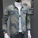 Men's Clothing Men's Distressed Denim Jacket – Vintage Loose Fit Casual Coat With Turn-Down Collar, Light Blue, Spring & Fall Fashion_viptrois.com