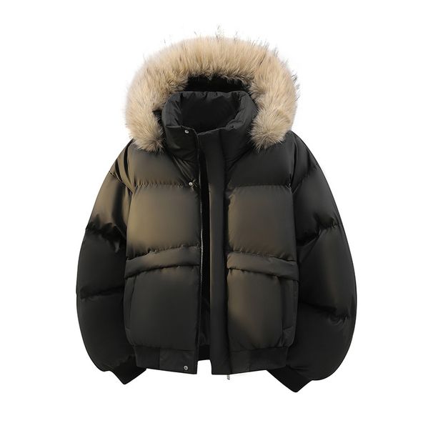 Men's Clothing Fur Collar PU Leather Puffer Jacket For Men, Winter Trendy Short Cotton Coat With Detachable Hood, Thick And Warm Outerwear_viptrois.com