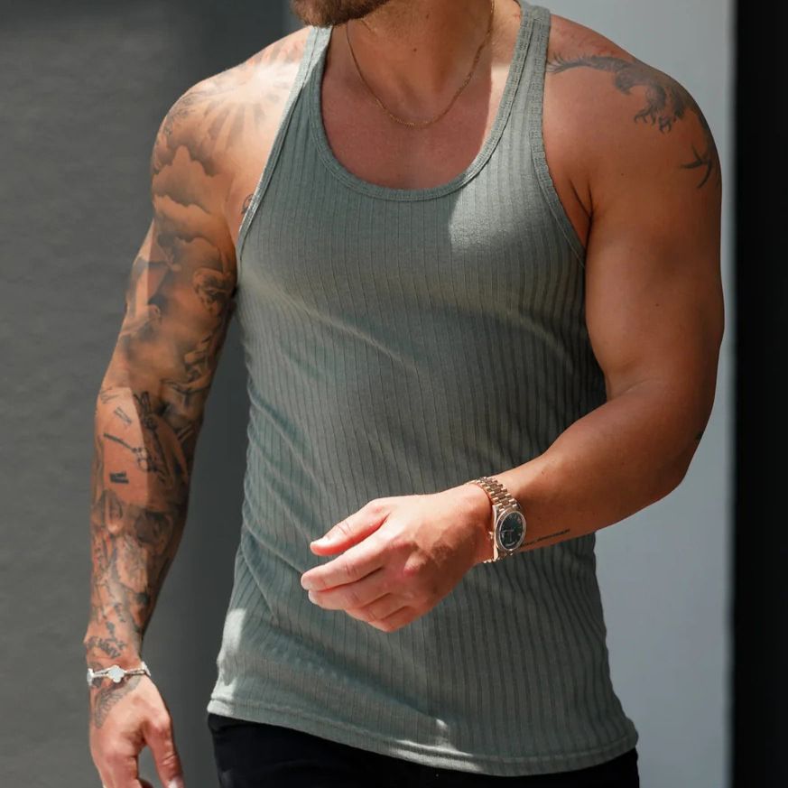 Men's Clothing Knitted Vertical Strip Fitness Sports Leisure Slim Vest Sleeveless Wide Shoulder Vest_viptrois.com