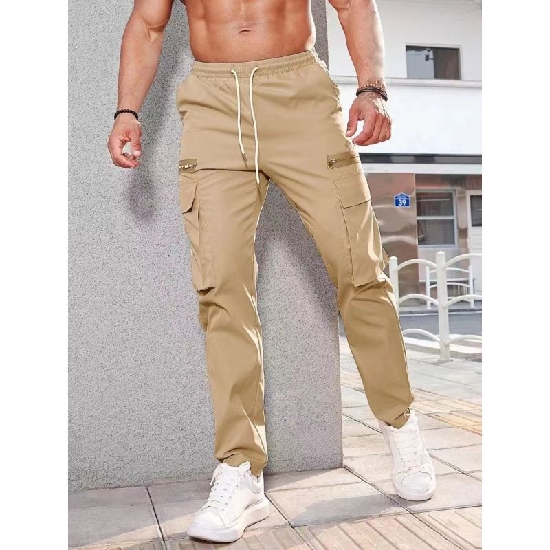 Men's Casual Sports Zipper Decorative Cargo Pants Waist Drawstring Men's Plus-size Woven Cargo Pants_viptrois.com