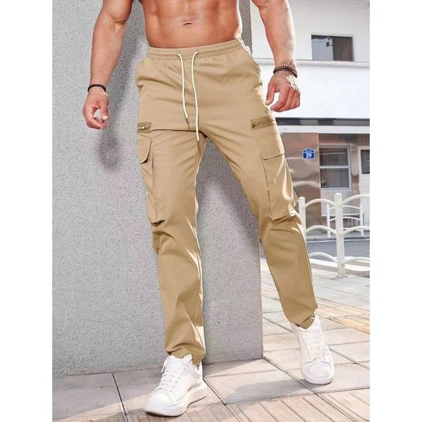 Men's Casual Sports Zipper Decorative Cargo Pants Waist Drawstring Men's Plus-size Woven Cargo Pants_viptrois.com