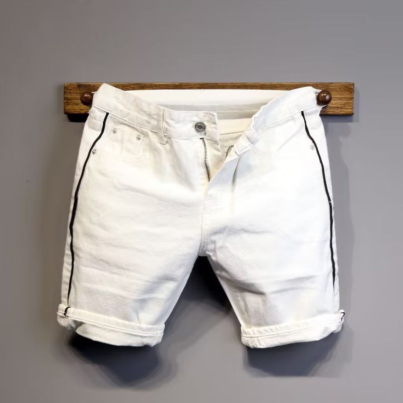 Men's Clothing Personalized Color Matching Slim Fit White Denim Shorts Fashion Trend All Match Shorts_viptrois.com