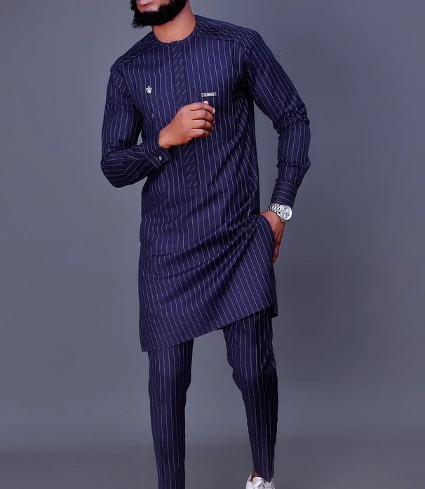 Men's Striped Printed Long Sleeve African Ethnic Suit_viptrois.com
