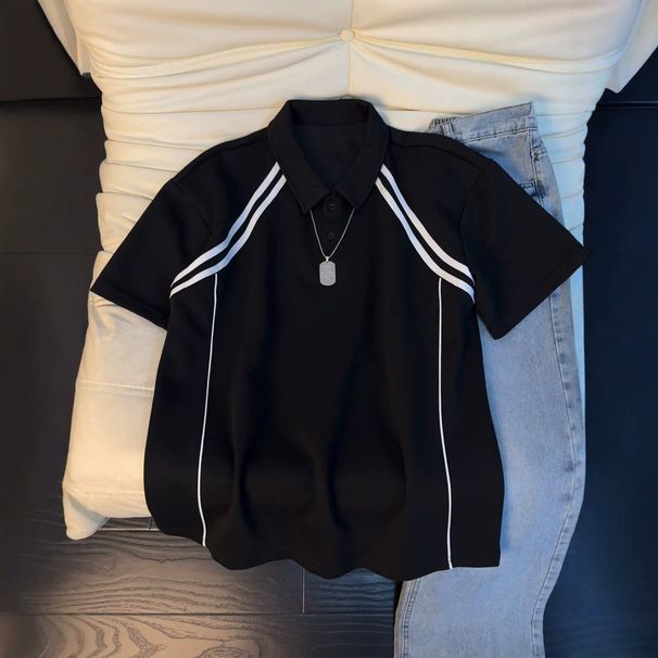 Cleanfit Men's Heavyweight Polo Shirt Short Sleeve Summer American Style Color Block Trendy T-Shirt Top for Men_viptrois.com
