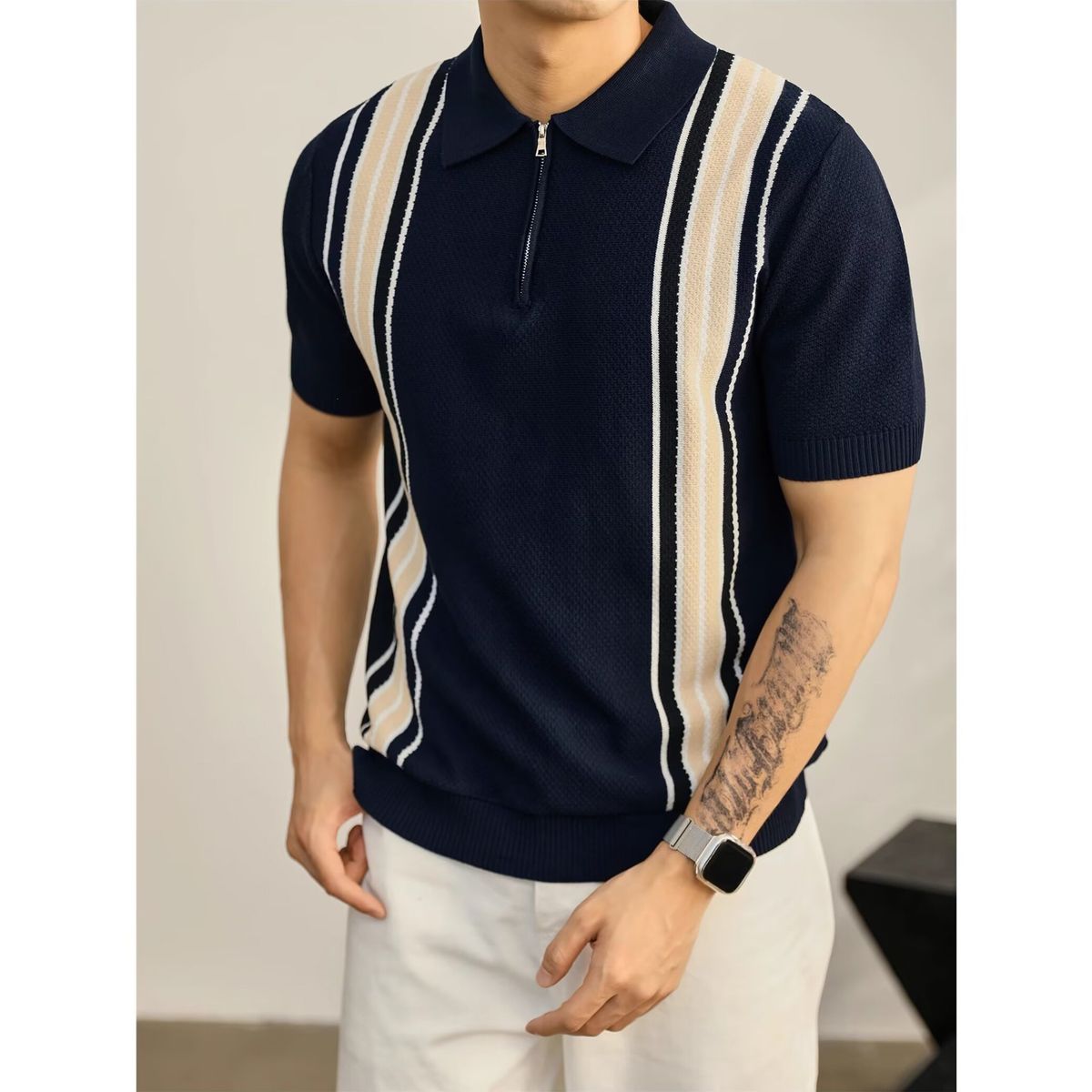 Men's Classic Stripe Polo Shirt - Breathable Short Sleeve Knit Top For Business Casual & Summer Wear Breathable Polyester Fabric_viptrois.com