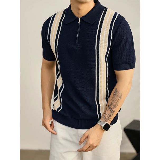 Men's Classic Stripe Polo Shirt - Breathable Short Sleeve Knit Top For Business Casual & Summer Wear Breathable Polyester Fabric_viptrois.com