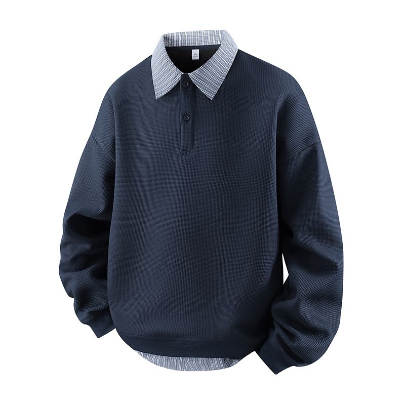 Men's Fake Two-Piece Sweatshirt – Contrast Collar Long Sleeve Pullover (Navy Blue & Light Heather Gray, S-XXXL)_viptrois.com