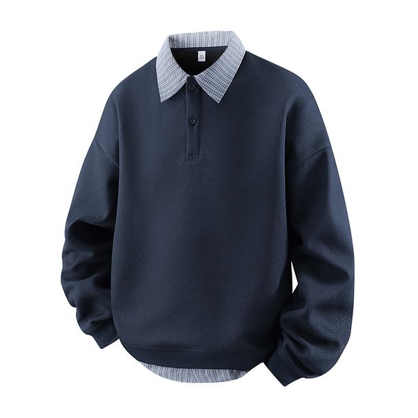 Men's Fake Two-Piece Sweatshirt – Contrast Collar Long Sleeve Pullover (Navy Blue & Light Heather Gray, S-XXXL)_viptrois.com