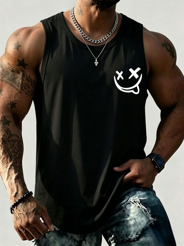 Canotta Uomo Girocollo 100% Cotone Stampa Volto Sorridente Occhi Incrociati Traspirante Morbida Senza Maniche Sport Casual Estivo Multicolore_viptrois.com