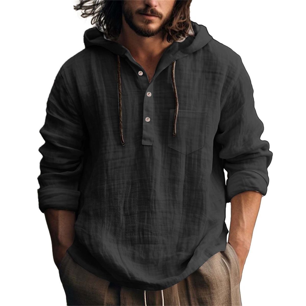 Men's Clothing Hooded Long Sleeved Jacket Fashion Trend All Match Cotton And Linen Casual Shirt_viptrois.com