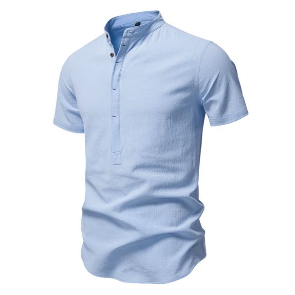 Men's Clothing New Business Casual Shirt Men's Short Sleeved Cotton And Linen Shirt Stand Collar Cotton Shirt Men_viptrois.com
