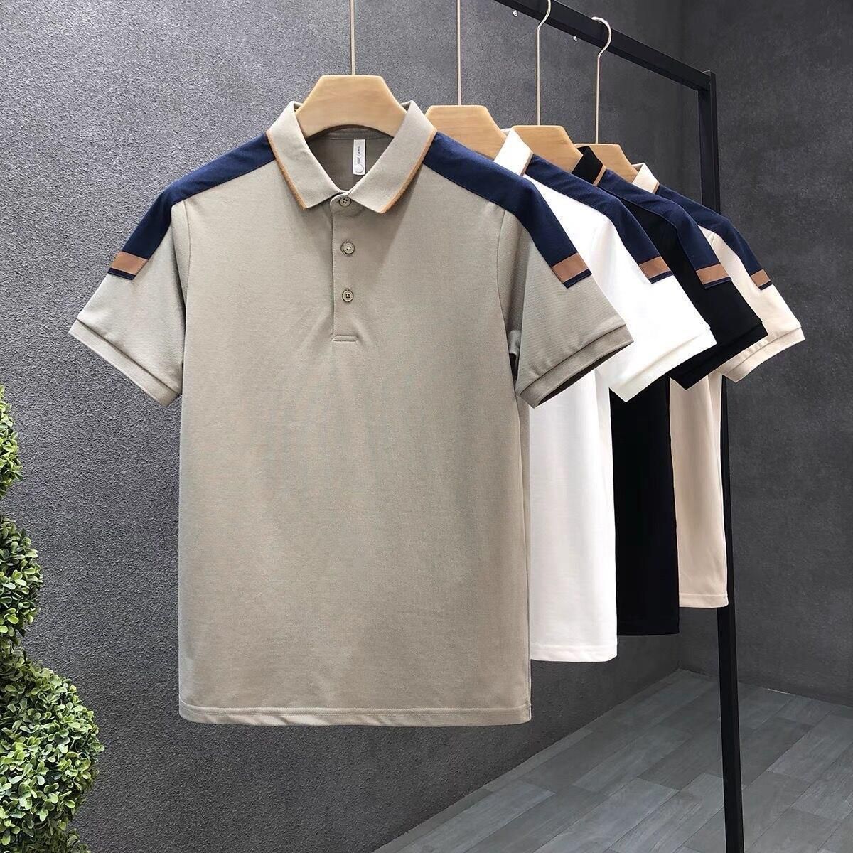 Streetwear Drop-Shoulder Polo Shirt – Contrast Collar Slim Fit Men's Tee (Khaki/Black/White/Olive, M-4XL, Korean Style)_viptrois.com