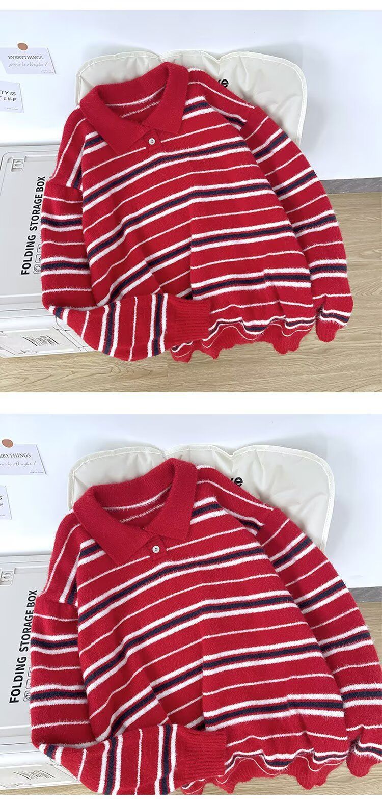 Mink Fur Striped Polo Neck Sweater For Men, Retro High-end Loose Knit Sweater_viptrois.com