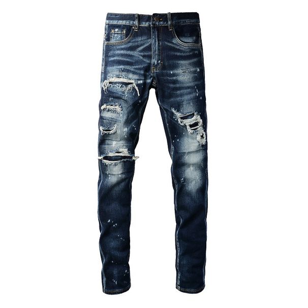 Men's Clothing Washed Old Cat Whisker Patch Hole Elastic Slim Fit Skinny Pants Ink Splash Jeans_viptrois.com