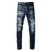 Men's Clothing Washed Old Cat Whisker Patch Hole Elastic Slim Fit Skinny Pants Ink Splash Jeans_viptrois.com