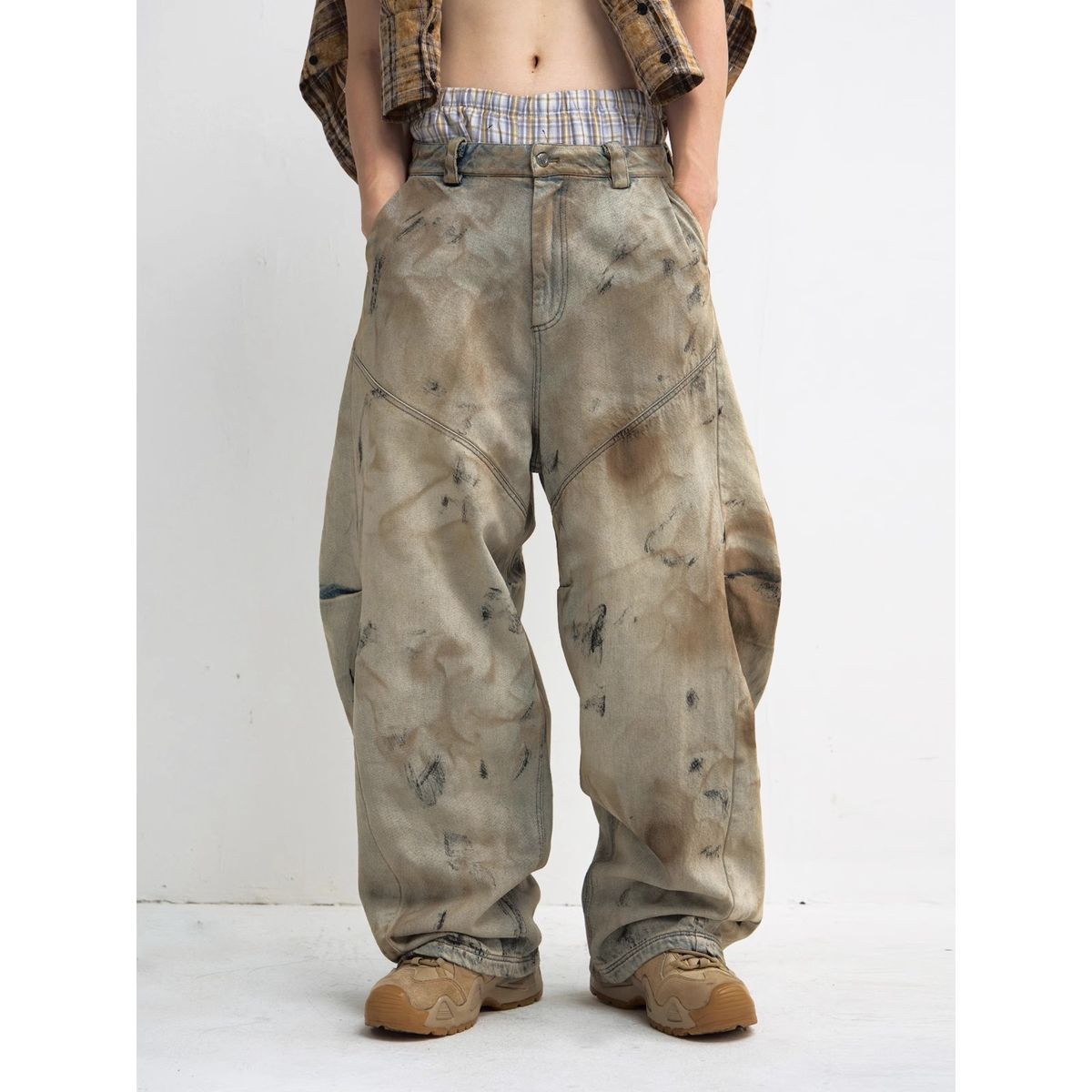 Men's Clothing Vintage Wash Distressed Denim Jeans - Unisex Baggy Wide Leg Cropped Pants With Unique Washed Effect (Brown, S-XXXL)_viptrois.com