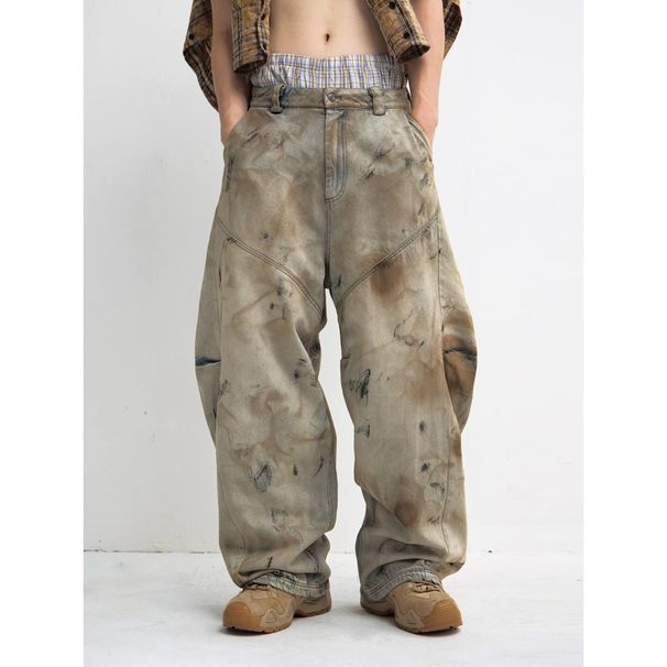 Men's Clothing Vintage Wash Distressed Denim Jeans - Unisex Baggy Wide Leg Cropped Pants With Unique Washed Effect (Brown, S-XXXL)_viptrois.com
