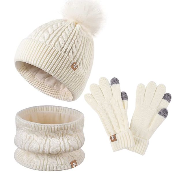 Kids' Clothing children's wool ball hat scarf gloves three piece set winter children's plush warm knitted suit_viptrois.com