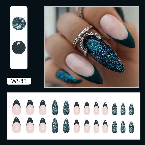 False Nails Fashion Almond Armor Dark Green French Flash Manicure Practice Armor_viptrois.com