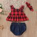 Kid's Clothing Children's Clothing Hot Selling Plaid Top + Denim Shorts + Headdress Three Piece Set_viptrois.com