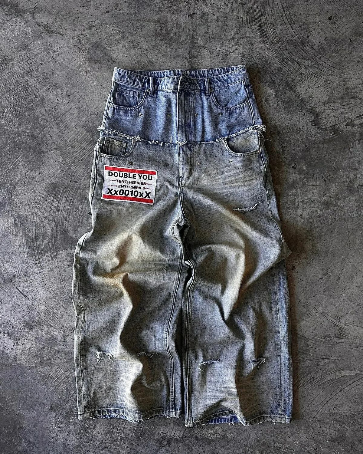Men's Clothing Retro Street Hip Hop Frayed Stitching Double Waist Hole Rivet Loose Wide Leg Straight Jeans_viptrois.com