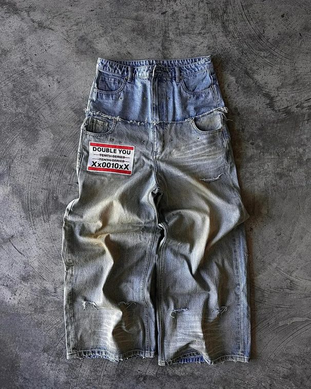 Men's Clothing Retro Street Hip Hop Frayed Stitching Double Waist Hole Rivet Loose Wide Leg Straight Jeans_viptrois.com