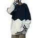 Color Blocked Round Neck Sweater Men's Striped Men's Thread Jacket Loose Knit Sweater_viptrois.com