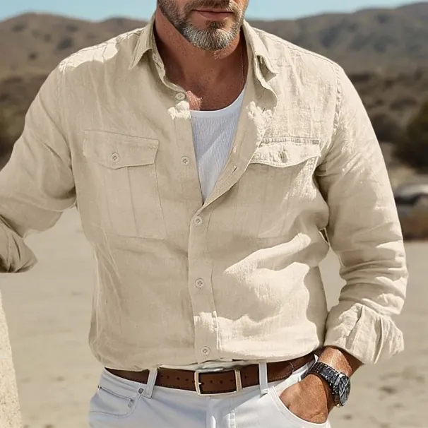Casual Cotton Linen Shirts For Men, Hawaiian Shirts, Breathable, Solid Color, Basic Style, Men's Clothing_viptrois.com