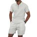 Men's Clothing Men's New Waffle Zipper Solid Color Lapel Short Sleeved T Shirt Shorts Casual Suit_viptrois.com