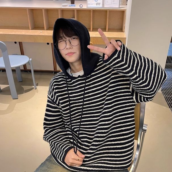Men's Clothing Striped Hooded Sweater For Men, Autumn And Winter, American Retro Trendy Brand, Relaxed Casual Loose Knitwear Jacket._viptrois.com