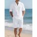 Men's Linen Long Sleeve Casual Top And Five Quarter Shorts Fashion Set_viptrois.com