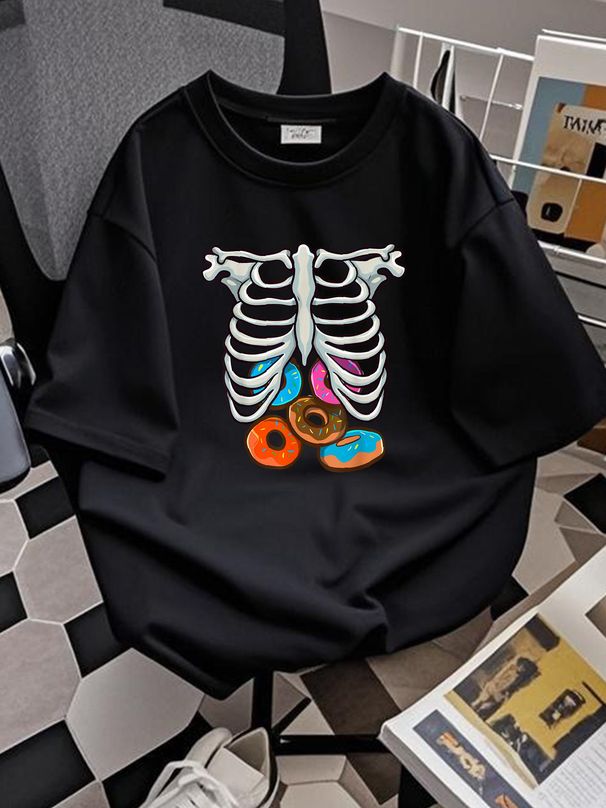 Skeleton Donuts Rib Cage Funny Halloween Costume Cosplay T-Shirt Slightly Soft Unisex Women Top Graphic Tees Women Fashion Stretched Print Round Neck Short Sleeve Casual Summer Comfortable Breathable Designer Clothes Stylish Versatile Female_viptrois.com