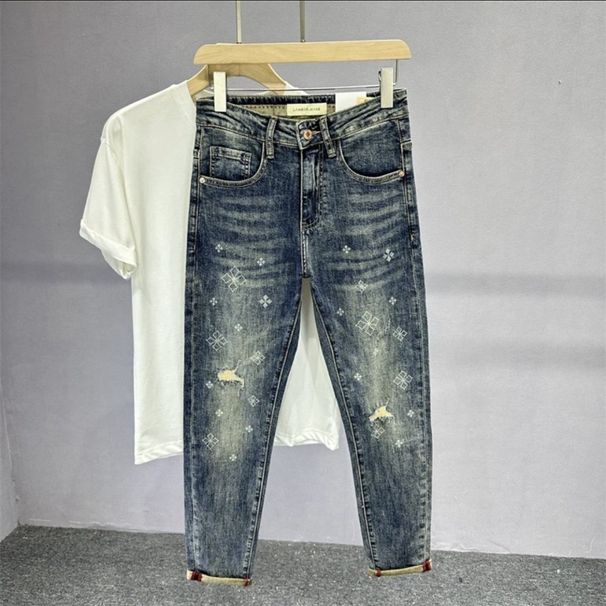 Internet Celebrity Summer American Style Ripped Jeans Men's Trendy Brand Printed Straight Social Youth High Street Slim_viptrois.com