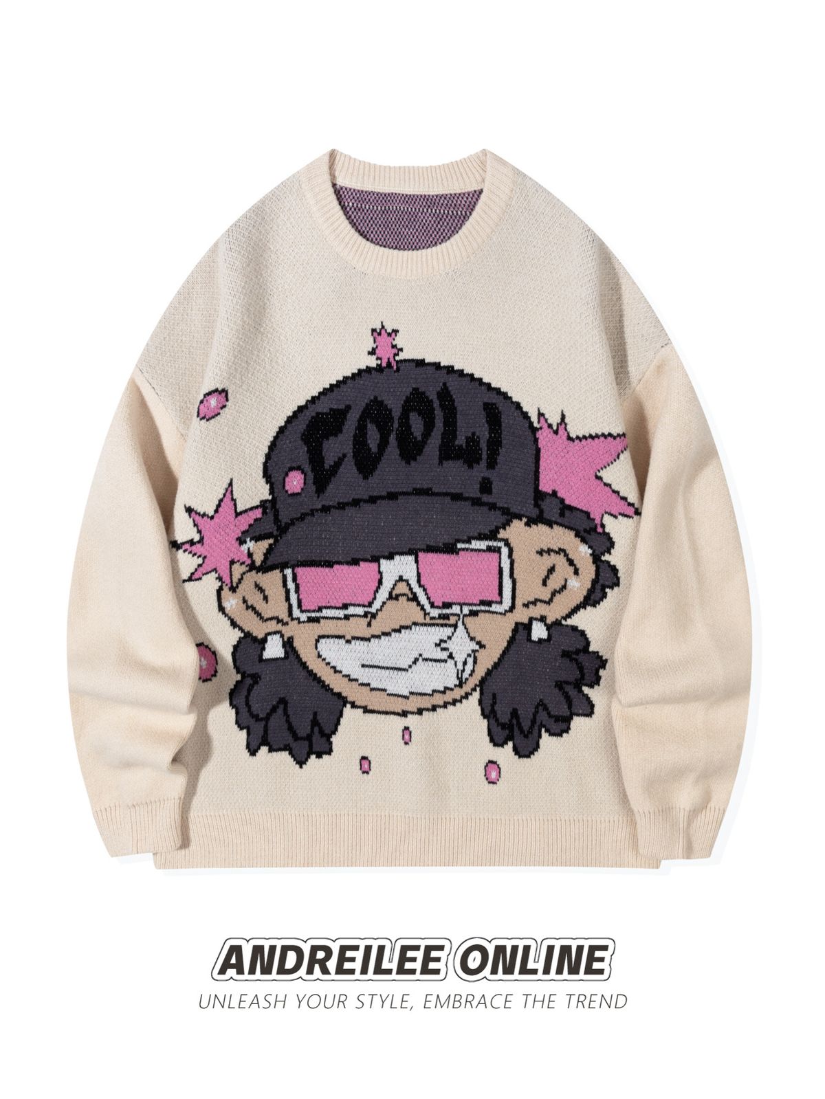 YWFG Original Cartoon Print Crewneck Sweater Men's Hip Hop Loose Fit Knit Pullover Unisex Streetwear Casual Top_viptrois.com