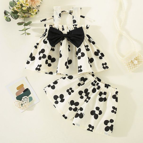 Kids’ Clothing Children's Clothing Bow Suspenders Tops And Shorts Sweet Print Two Piece Suit_viptrois.com