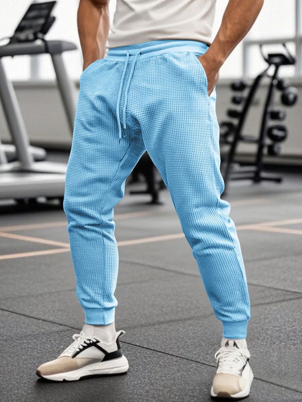 Men's Clothing Waffle Knit Jogger Pants - Breathable Loose Fit Casual Sweatpants With Drawstring Waist (White, Black, Khaki, Wine Red, Sky Blue)_viptrois.com