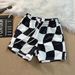 Men's Color Blocked Checkerboard Print Loose Fit Drawstring Breathable Sporty Casual Beach Shorts_viptrois.com