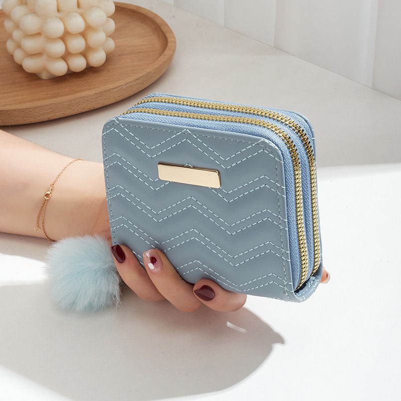 Women's Embroidered Short Wallet - Double Zipper Card Holder With Wristlet Strap & Detachable Pom Pom (Wave Pattern Design, Compact & Stylish)_viptrois.com