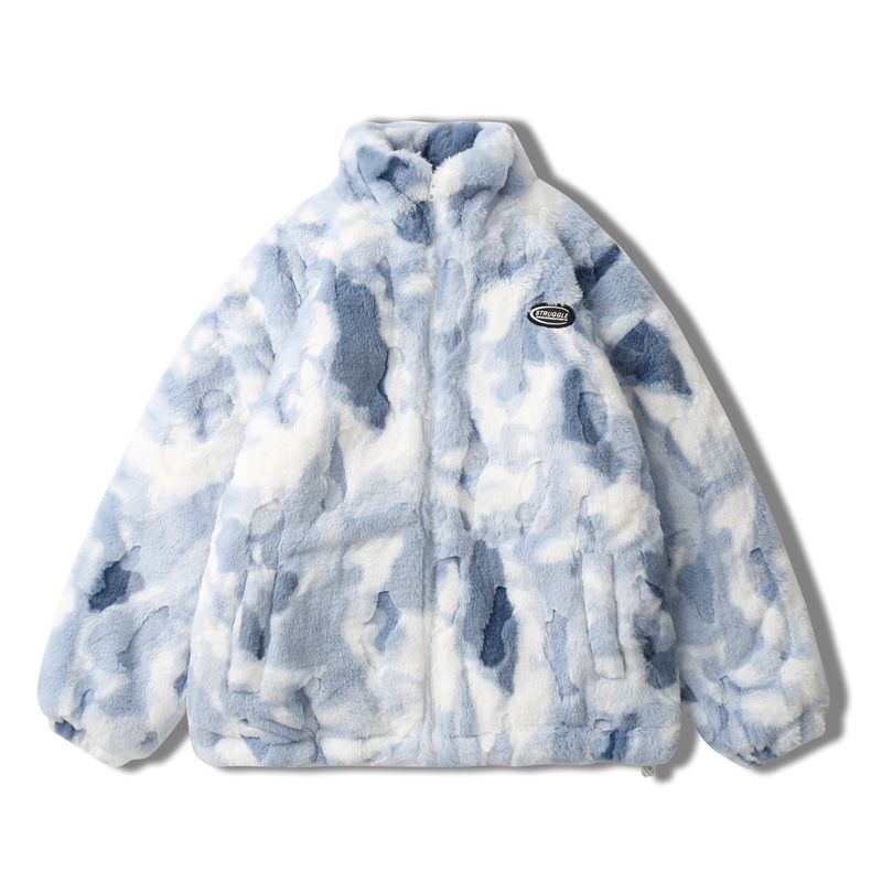 Men's Clothing Winter tie dye gradient rabbit fur stand up collar lamb plush cotton coat men's loose thickened couple plush cotton coat trendy_viptrois.com