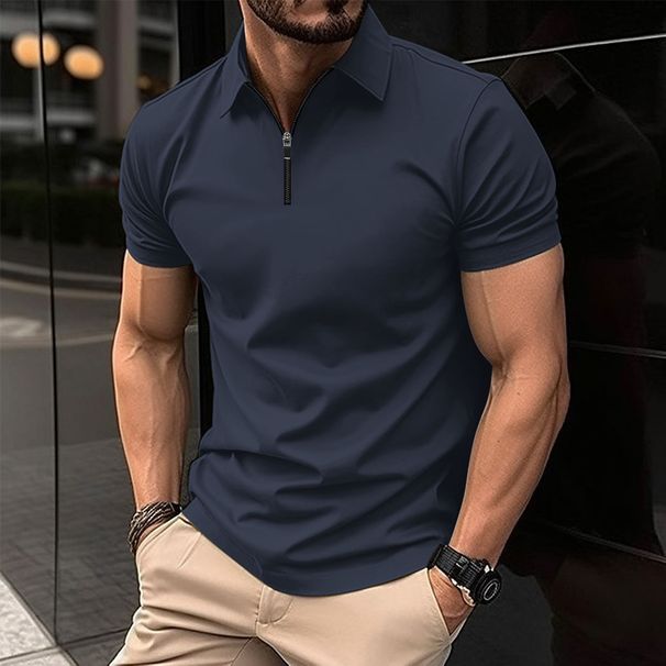Men's Clothing New Simple Short Sleeved Polo 3D Printing Solid Color Casual Zipper Polo Shirt_viptrois.com