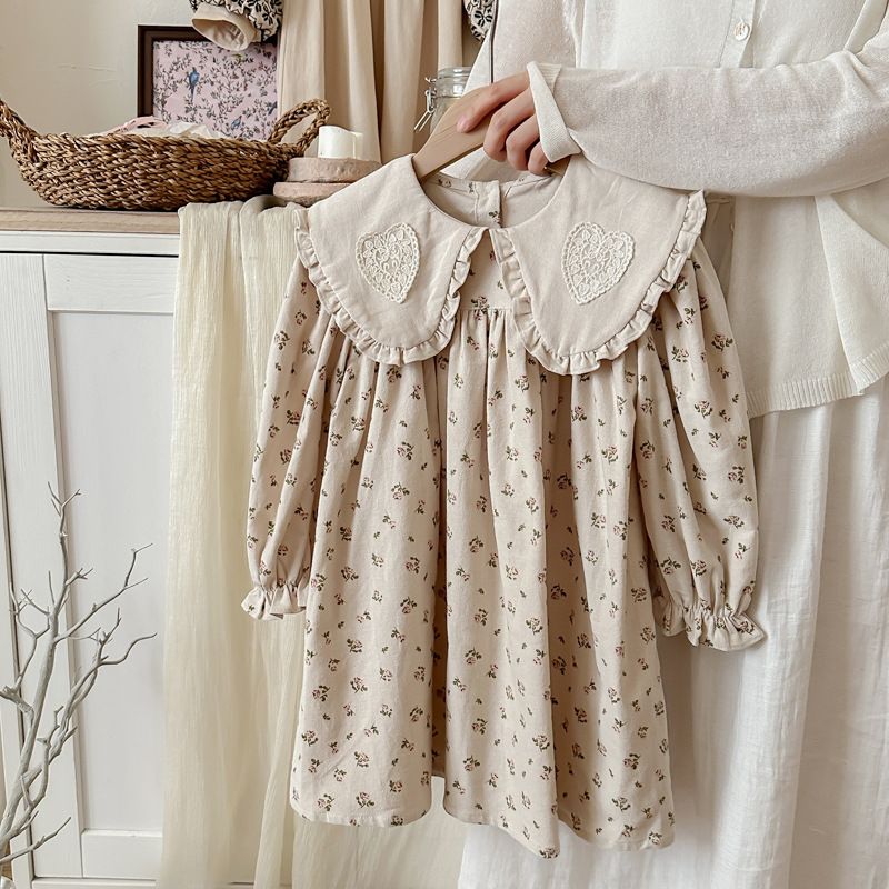 Mother & Kids Korean version lapel printed lace girl dress 2024 autumn new long sleeve sweet children's princess dress pure cotton_viptrois.com