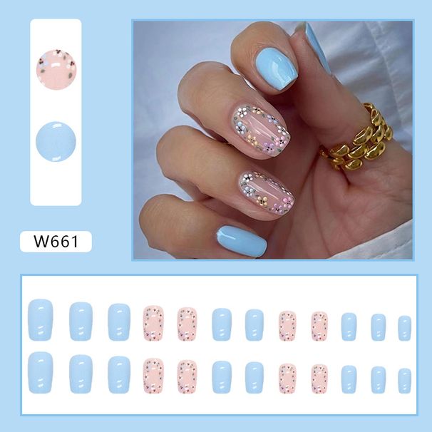 Mid-length Cute Flower Nail Art Naked Pink Base Sky Blue Small Fresh Solid Color Nail Art Wear Armor_viptrois.com