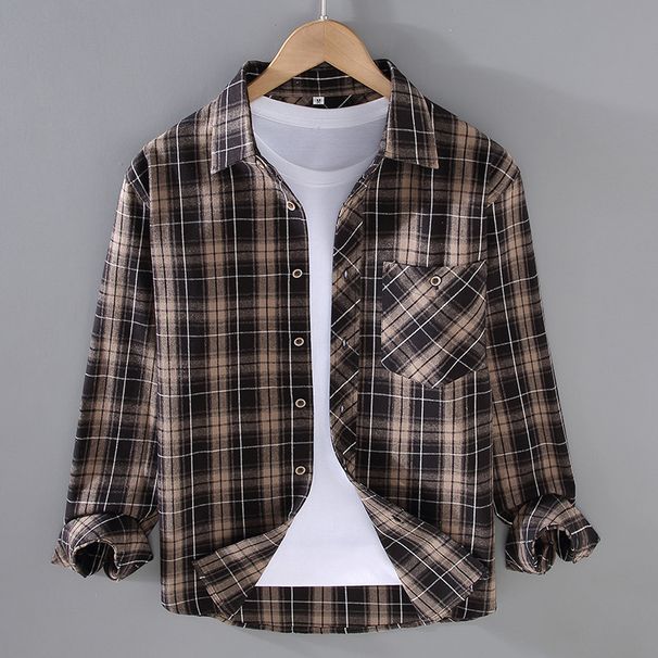 Cotton Plaid Long Sleeved Shirt For Men's Fashion, Casual, Thick Brushed Plaid Loose Jacket For Men_viptrois.com