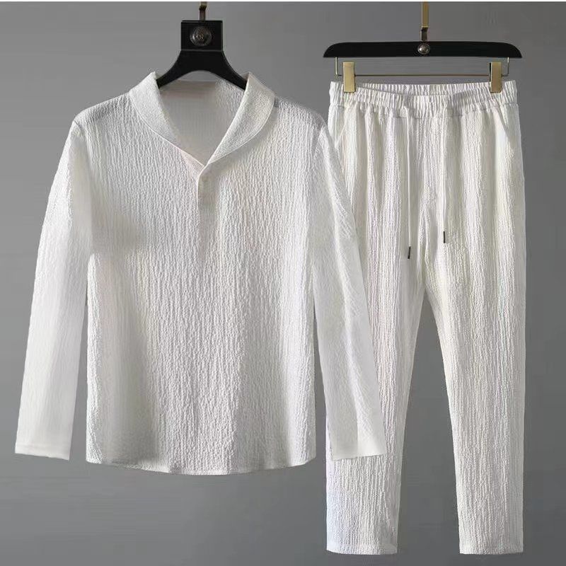 Men's Clothing Lightweight Bubble Yarn Striped Wrinkle-Resistant Shirt Set With Stand Collar, Breathable & Comfortable Long Sleeve Top For Casual_viptrois.com