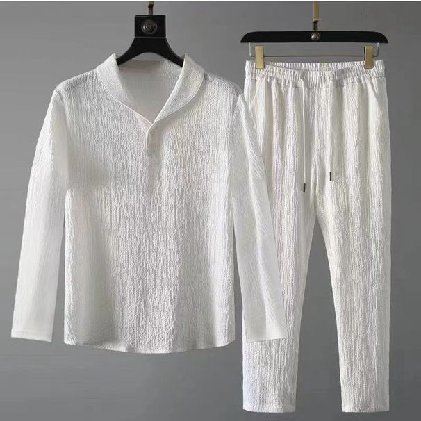 Men's Clothing Lightweight Bubble Yarn Striped Wrinkle-Resistant Shirt Set With Stand Collar, Breathable & Comfortable Long Sleeve Top For Casual_viptrois.com