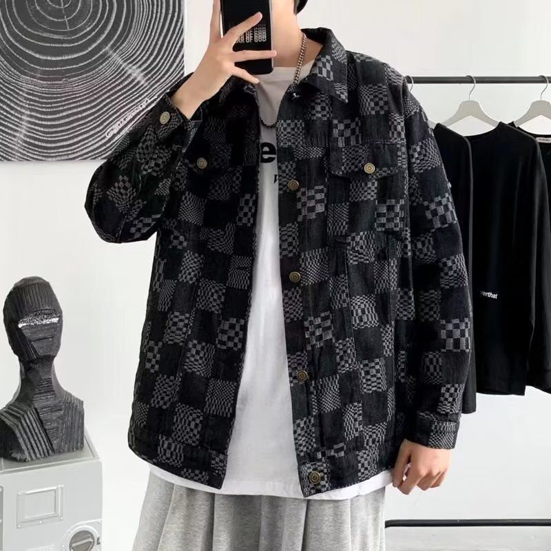 American Checkerboard Denim Jacket Men's Spring And Autumn Ins Trendy Brand Loose Ruffian Handsome Fried Street Casual Tooling Top_viptrois.com
