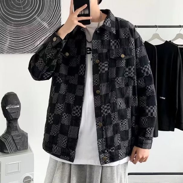 American Checkerboard Denim Jacket Men's Spring And Autumn Ins Trendy Brand Loose Ruffian Handsome Fried Street Casual Tooling Top_viptrois.com