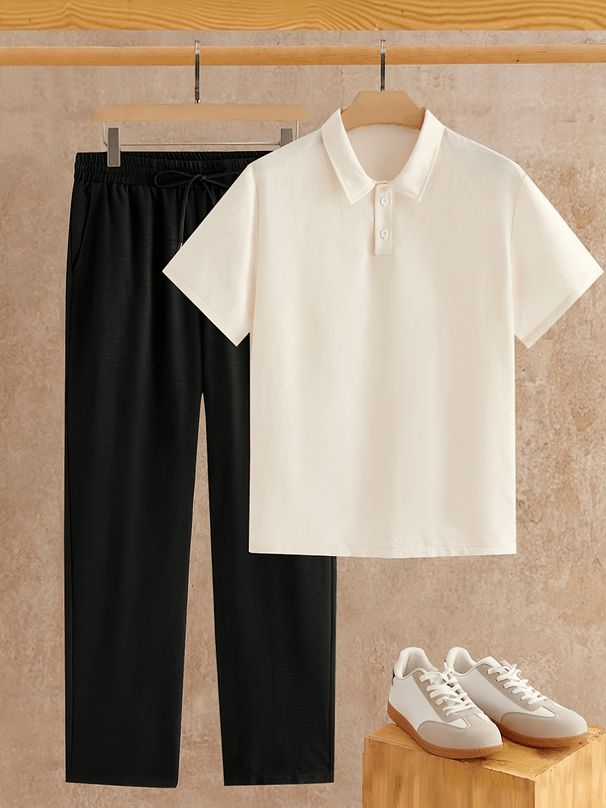 Summer Men's Linen Suit Short Sleeved Polo Shirt Casual Pants Versatile Business Two Piece Set_viptrois.com