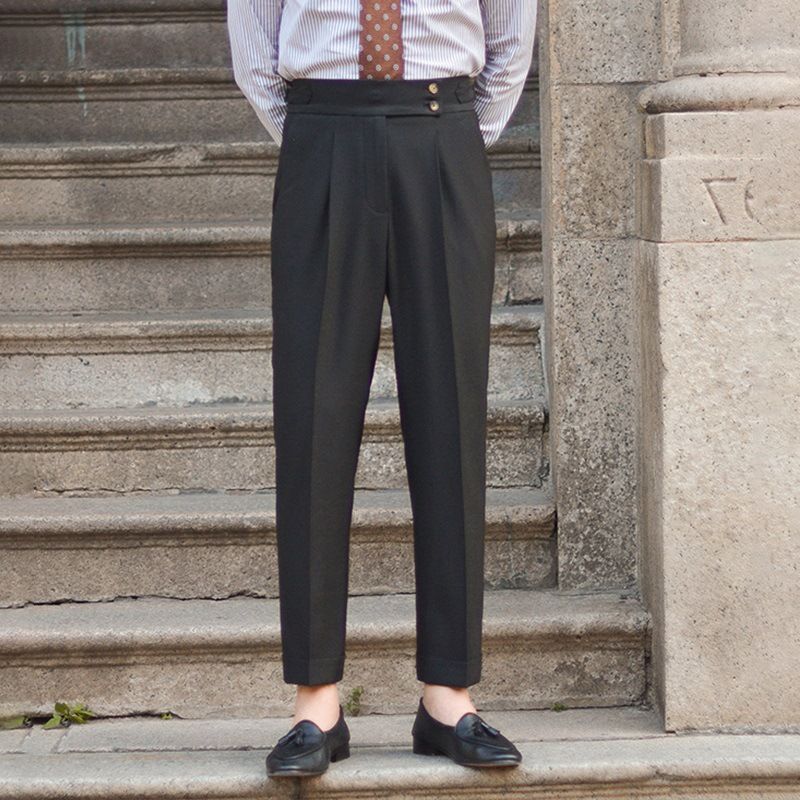 Men's Clothing Casual Italian Retro High Waist Pants Men's Casual Straight Naples British Business Paris Buckle White Long Trousers_viptrois.com