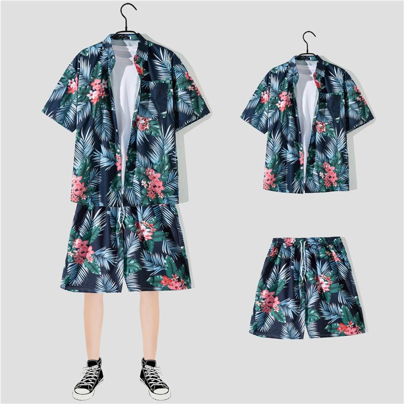 Men's Clothing Summer Beach Style Loose Shirt Hawaiian Casual Suit Men's Printed Two Piece Suit_viptrois.com